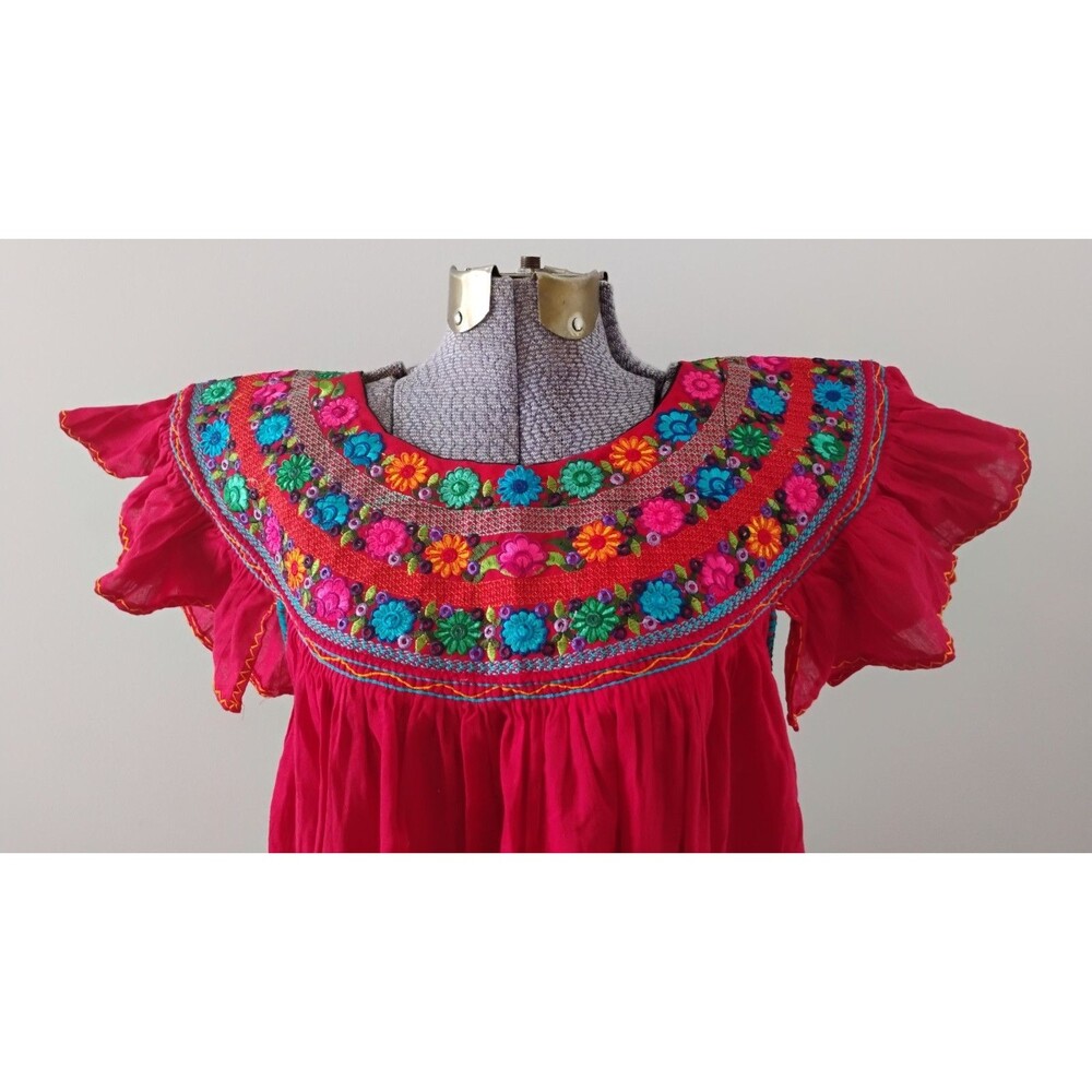 Red Embroidered Dress Women's Boho Peasant Oaxaca Huipil Floral Mini Sz S - Picture 2 of 9